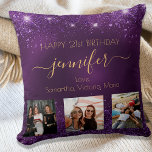 Birthday photo best friend purple names BFF Throw Pillow<br><div class="desc">A gift from friends for a woman's 21st birthday, celebrating her life with 3 of your photos of her, her friends, family, interest or pets. Personalize and add her name, age 21 and your names. Golden coloured letters. A chic feminine purple background colour. The purple colour is uneven. Decorated with...</div>