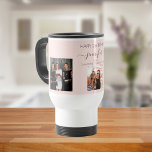Birthday photo best friends blush pink travel mug<br><div class="desc">A gift from friends for a woman's 21st birthday, celebrating her life with 3 of your photos of her, her friends, family, interest or pets. Personalize and add her name, age 21 and your names. Black coloured letters. A girly, feminine blush pink, rose gold coloured background. Her name is written...</div>