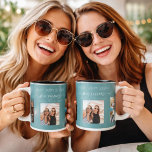 Birthday photo best friends names green cyan mug<br><div class="desc">A gift from friends for a woman's 21st birthday, celebrating her life with 3 of your photos of her, her friends, family, interest or pets. Personalize and add her name, age 21 and your names. A green, dark cyan coloured background. Her name is written with a modern hand lettered style...</div>