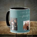 Birthday photo best friends names green cyan mug<br><div class="desc">A gift from friends for a woman's 21st birthday, celebrating her life with 3 of your photos of her, her friends, family, interest or pets. Personalize and add her name, age 21 and your names. A green, dark cyan coloured background. Her name is written with a modern hand lettered style...</div>