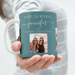 Birthday photo best friends names green dark cyan coffee mug<br><div class="desc">A gift from friends for a woman's 21st birthday, celebrating her life with 3 of your photos of her, her friends, family, interest or pets. Personalize and add her name, age 21 and your names. A green, dark cyan coloured background. Her name is written with a modern hand lettered style...</div>