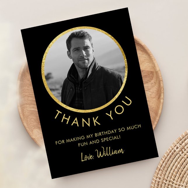 Birthday Photo Black And Gold Thank You Card (Creator Uploaded)