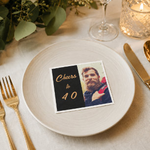 Birthday photo black gold cheers men napkin