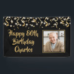 Birthday Photo Black Gold Confetti Streamers Banner<br><div class="desc">Celebrate any birthday for him or her with this black and gold themed banner featuring a photo, your personalized custom text in modern brush script typography and of border of gold confetti, streamers and lights against an editable black background. PHOTO TIP: Choose photos with subjects in the middle and/or pre-crop...</div>