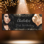 Birthday photo black gold glitter dust name script banner<br><div class="desc">For a glamourous 21st (or any age) birthday party. A classic black background. Decorated with dark gold faux glitter dust and balloons.  Personalize and add a photo and a name.  Perfect both as a welcome  banner or as party decor. Use a vertical/portrait size photo.</div>