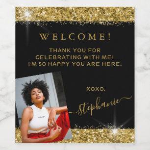Birthday Photo Black Gold Glitter Welcome Wine Label