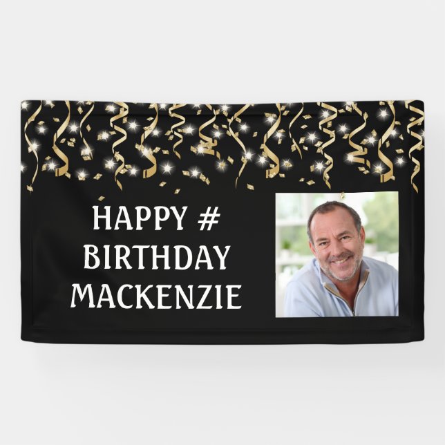 Birthday Photo Black Gold Streamers Personalized Banner (Horizontal)
