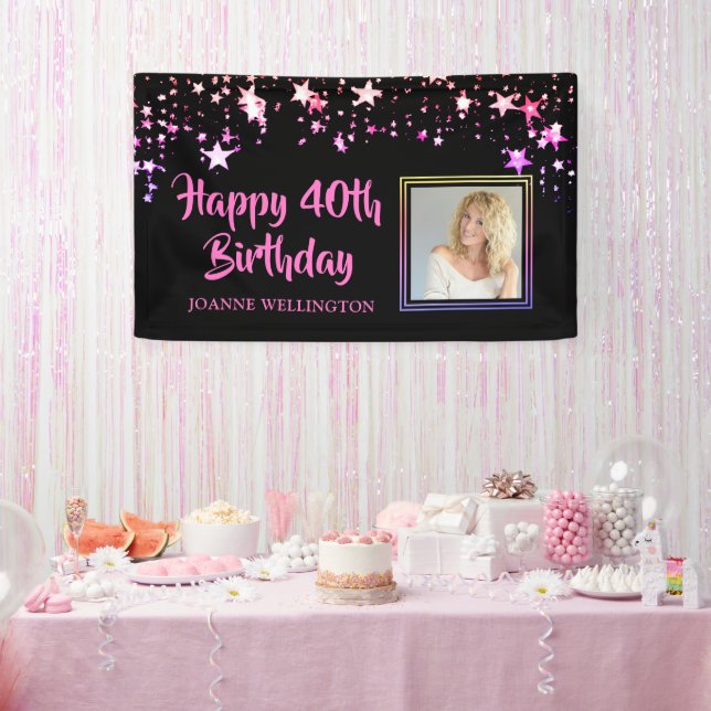 Birthday Photo Black Pink Stars Personalized Banner (Party)