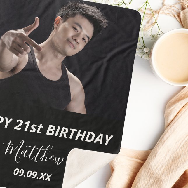 Birthday photo black white modern guy sherpa blanket (Creator Uploaded)