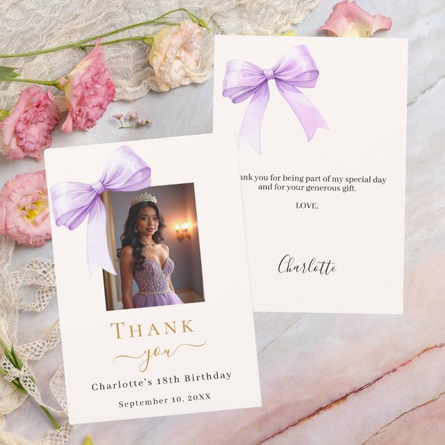 Birthday photo bow lavender ivory thank you card (Creator Uploaded)