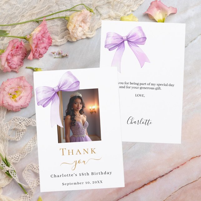 Birthday photo bow lavender thank you card (Creator Uploaded)