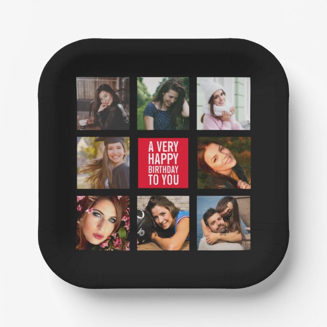 Birthday Photo Collage Black and Red Paper Plate (Front)