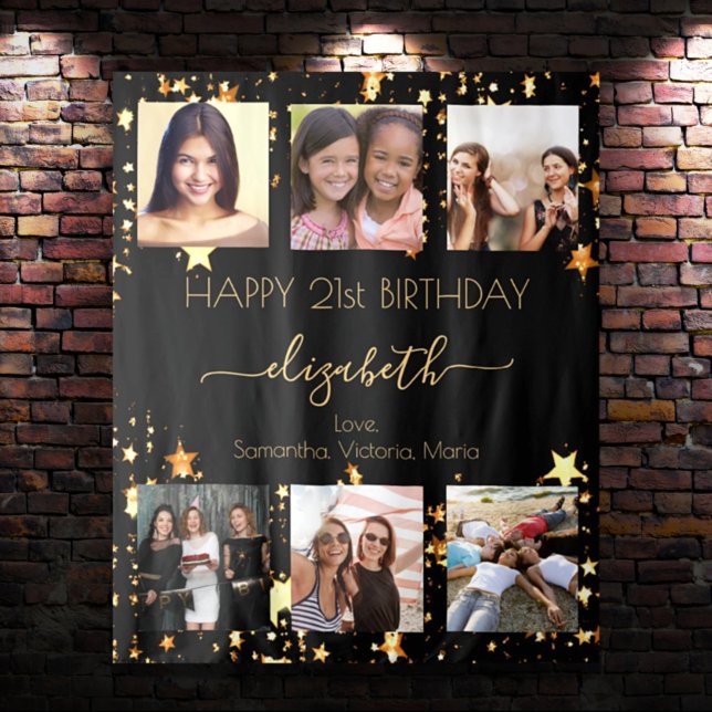 Birthday photo collage black gold best friends tapestry (Creator Uploaded)