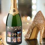 Birthday photo collage black gold glitter name<br><div class="desc">A bottle label for a 21st birthday party, celebrating her life with a collage of 5 of your photos. Templates for a name, age 21 and a date. Date of birth or the date of the party. White and golden colored letters. Elegant black background color, decorated with faux gold glitter...</div>