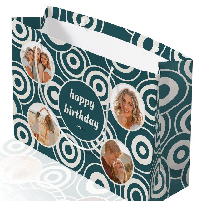 Birthday Photo Collage Retro Circles Green Large Gift Bag (Creator Uploaded)