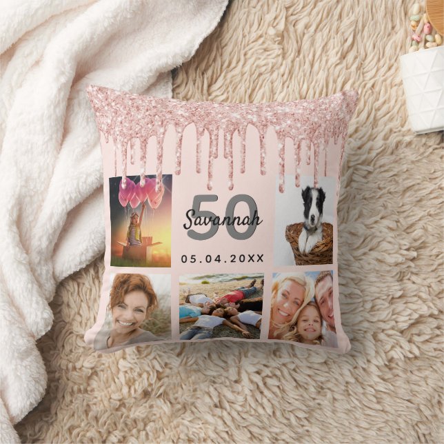Birthday photo collage rose gold glitter pink throw pillow (Blanket)