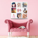 Birthday photo collage white acrylic print<br><div class="desc">A gift for a birthday,  celebrating her life with a collage of 8 of your photos.  Templates for a name,  age and a date.  Date of birth or the date of the anniversary.  Coral and burgundy colored letters.  White background.</div>