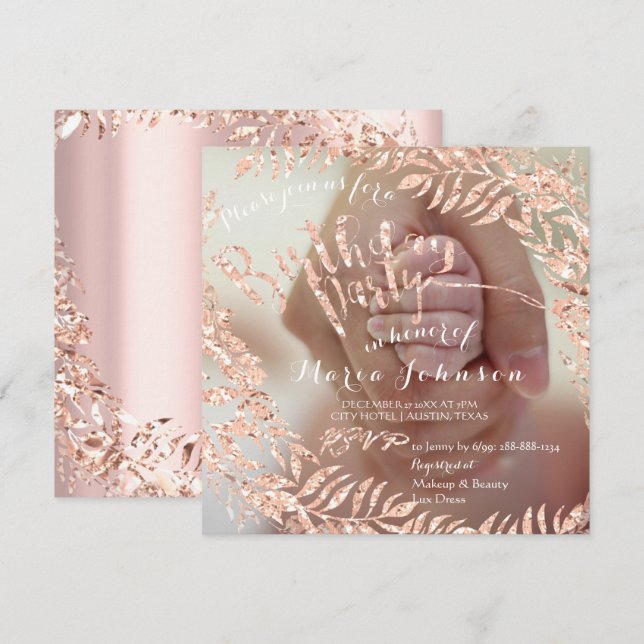 Birthday Photo Framed Rose Pink Gold Royal Invitation (Front/Back)