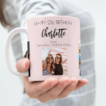 Birthday photo friend blush pink name coffee mug<br><div class="desc">A gift from friends for a woman's 21st birthday, celebrating her life with 3 of your photos of her, her friends, family, interest or pets. Personalize and add her name, age 21 and your names. Black coloured letters. A girly, feminine blush pink, rose gold coloured background. Her name is written...</div>