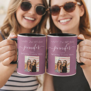 Birthday photo friend names plum purple mug