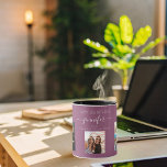 Birthday photo friend names plum purple mug<br><div class="desc">A gift from friends for a woman's 21st birthday, celebrating her life with 3 of your photos of her, her friends, family, interest or pets. Personalize and add her name, age 21 and your names. A girly, feminine plum, purple coloured background. Her name is written with a modern hand lettered...</div>