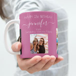 Birthday photo friends names dark pink coffee mug<br><div class="desc">A gift from friends for a woman's 21st birthday, celebrating her life with 3 of your photos of her, her friends, family, interest or pets. Personalize and add her name, age 21 and your names. A dark pink coloured background. Her name is written with a modern hand lettered style script...</div>