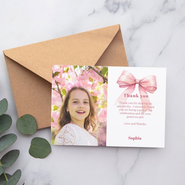 Birthday photo girl pink bow thank you card (Creator Uploaded)