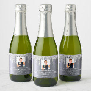 Birthday photo glitter silver fun facts bio glam sparkling wine label