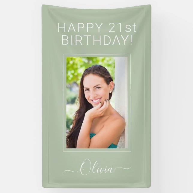 Birthday Photo Green Sage Script Girly Banner (Vertical)