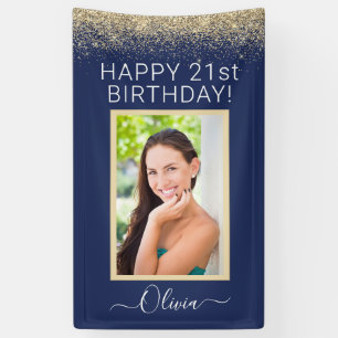 Birthday Photo Navy Blue Gold Glitter Girly Banner