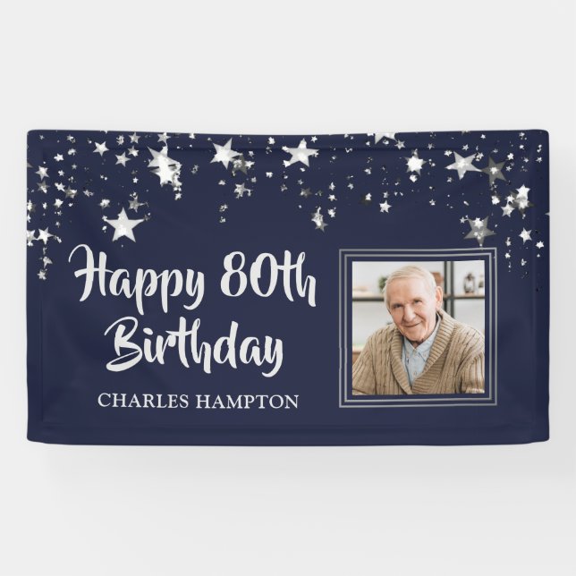 Birthday Photo Navy Blue Silver Stars Name Banner (Horizontal)