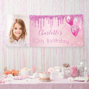 Birthday photo pink glitter monogram banner