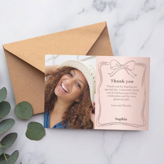 Birthday photo rose gold bow  thank you card (Creator Uploaded)