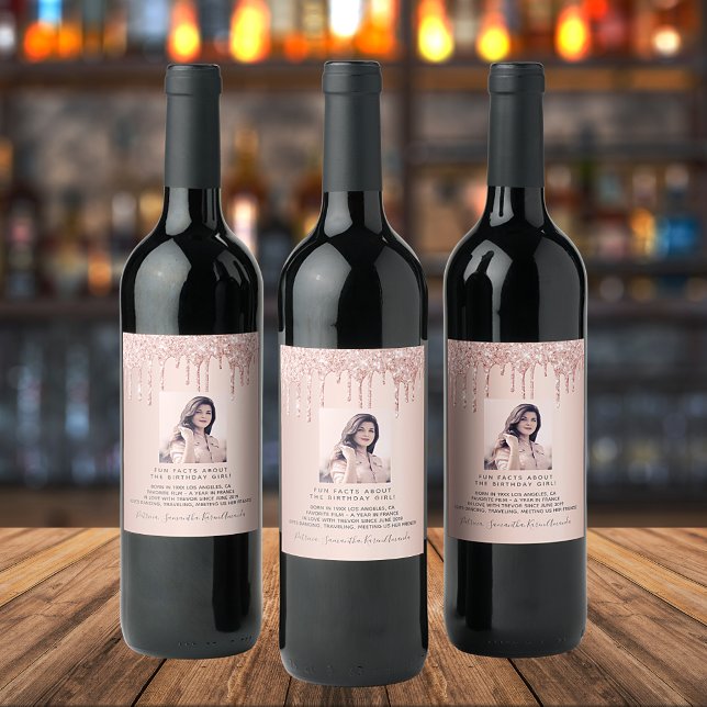 Birthday photo rose gold glitter fun facts bio wine label (Creator Uploaded)