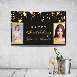 Birthday photo rose gold stars two 2 friends twins banner<br><div class="desc">A banner for a girly and glamourous birthday party for two girls, women, twins. A stylish black background with faux gold stars dripping. Personalize and add your own 2 two photos of the birthday girls. Text: Happy Birthday. The word Birthday and the names are written with a modern hand lettered...</div>