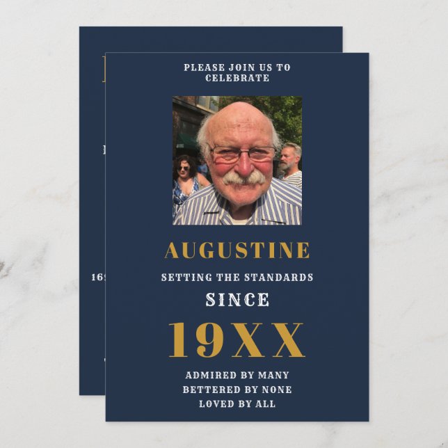 Birthday Photo Template Elegant Chic Blue Gold (Front/Back)