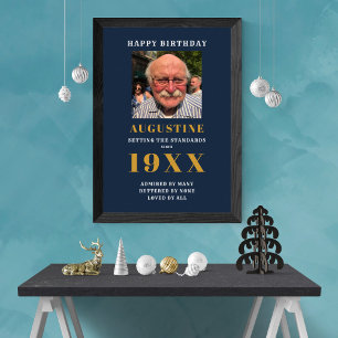 Birthday Photo Template Elegant Chic Blue Gold Poster