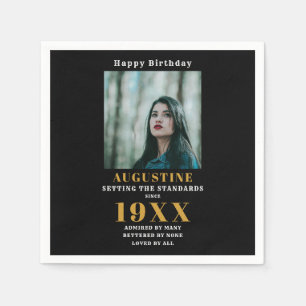 Birthday Photo Template Elegant Chic Gold Black Napkin