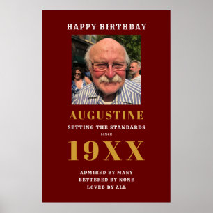 Birthday Photo Template Elegant Chic Name Red Gold Poster