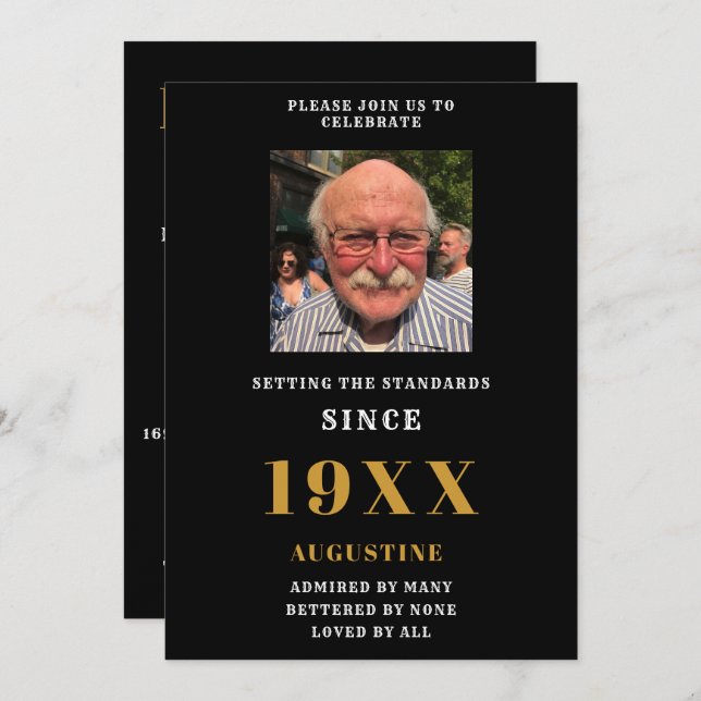 Birthday Photo Template Name Elegant Black Gold (Front/Back)