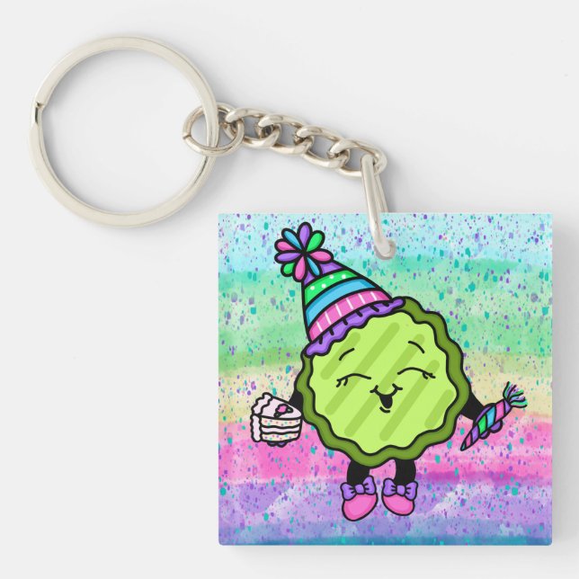 Birthday Pickle | Pink and Purple Birthday Hat  Keychain (Front)