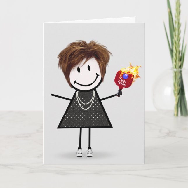 Birthday Pickleball Stick Figure Girl Card (Front)