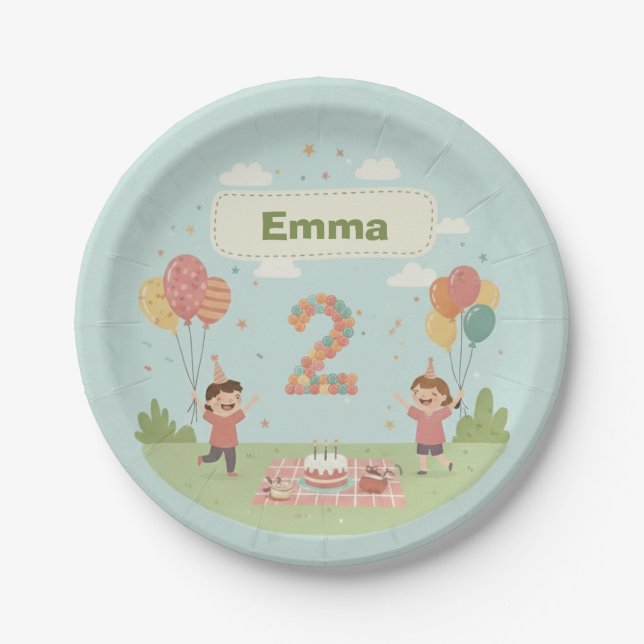 Birthday Picnic, Cute Retro Style, Age 2 Paper Plate (Front)