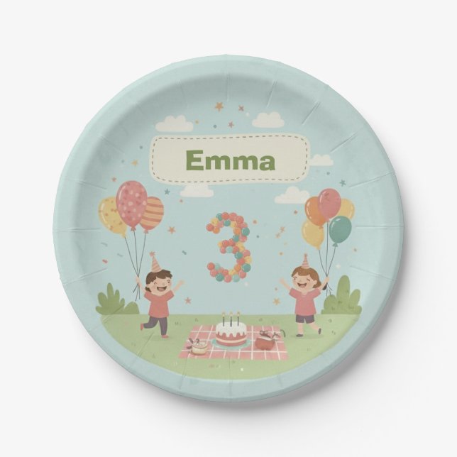 Birthday Picnic, Cute Retro Style, Age 3 Paper Plate (Front)