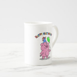 Birthday Pig cartoon   choose background colour Bone China Mug
