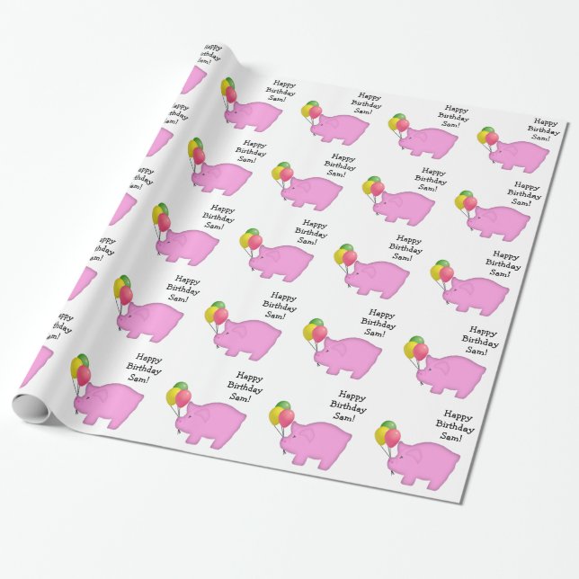Birthday Pig Custom Name Wrapping Paper (Unrolled)