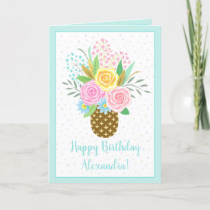 Birthday Pineapple Roses Bouquet Pink Turquoise Card