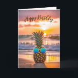 Birthday Pineapple With Retro Sunglasses Card<br><div class="desc">Pineapple wearing retro-style sunglasses on the beach with sand and surf.
All text can be changed.</div>