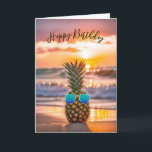 Birthday Pineapple With Retro Sunglasses Card<br><div class="desc">Pineapple wearing retro-style sunglasses on the beach with sand and surf.
All text can be changed.</div>
