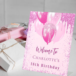 Birthday pink balloons girl welcome party pedestal sign